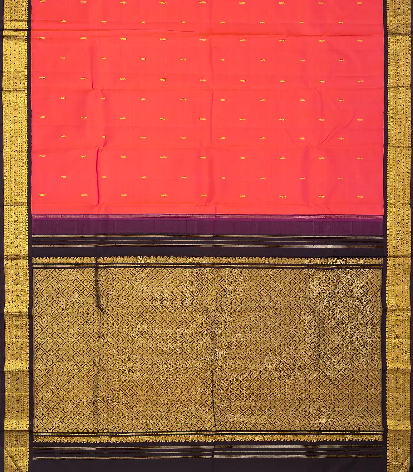 Peach Handloom Korvai Kanchipuram Silk Saree With Mango Buttas