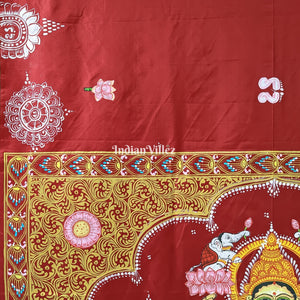 Maroon Maa Laxmi Hand-Painted Pattachitra Saree