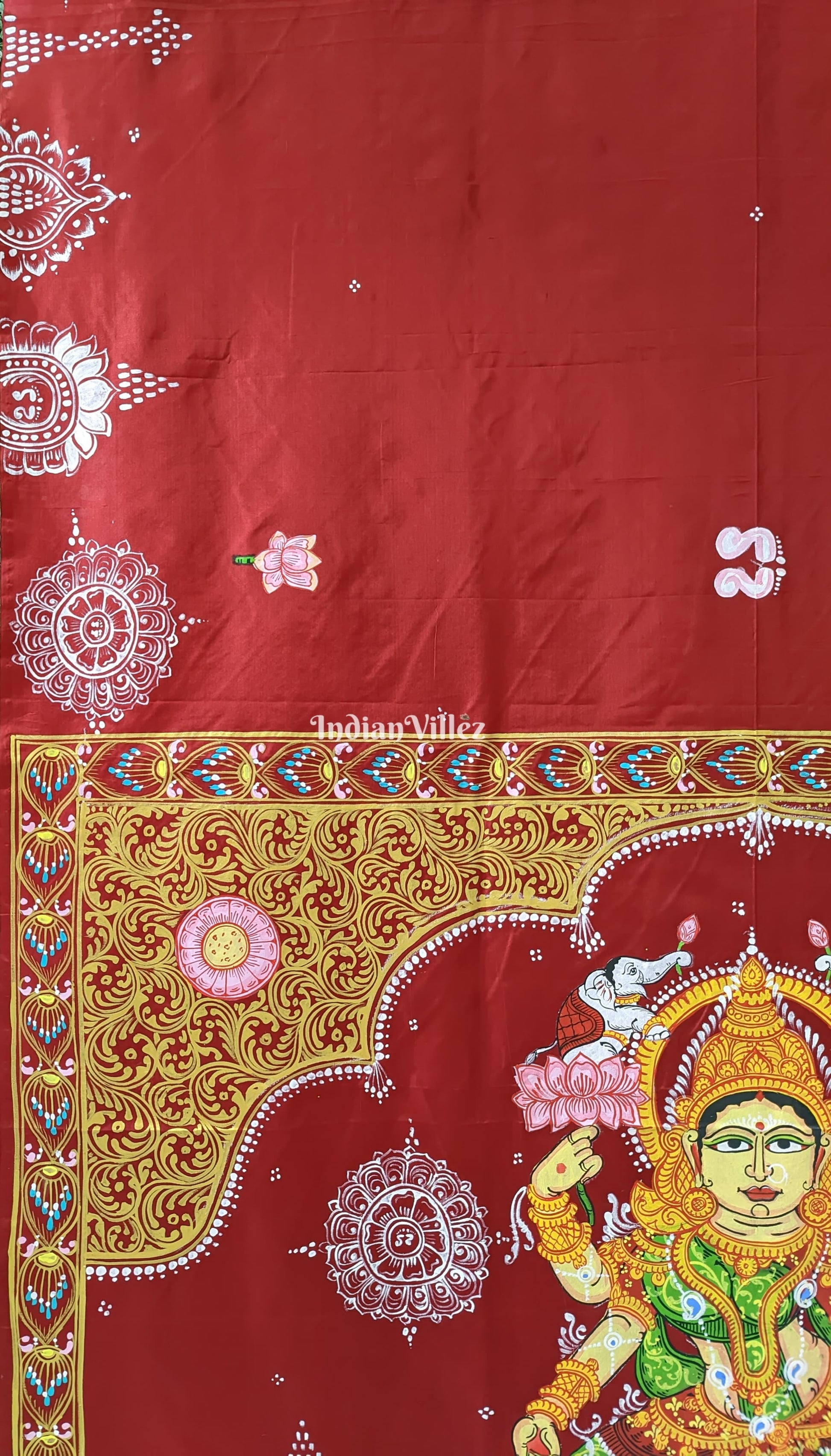 Maroon Maa Laxmi Hand-Painted Pattachitra Saree