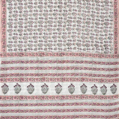 White Woven Jaipur Cotton Saree Printed With Pink Floral Motifs