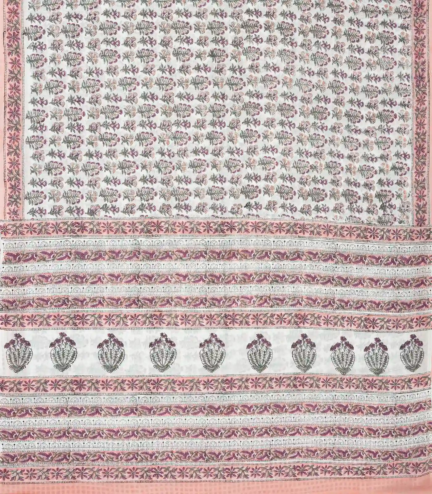White Woven Jaipur Cotton Saree Printed With Pink Floral Motifs