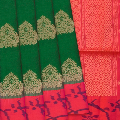 Dark Green Handloom Soft Silk Saree With Butta & Red Border-Dark Green