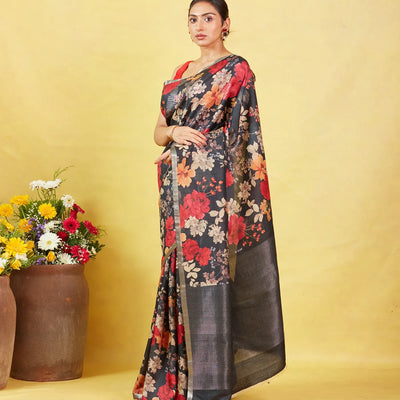 Black Handloom Tussar Silk Saree With Printed Floral Motifs