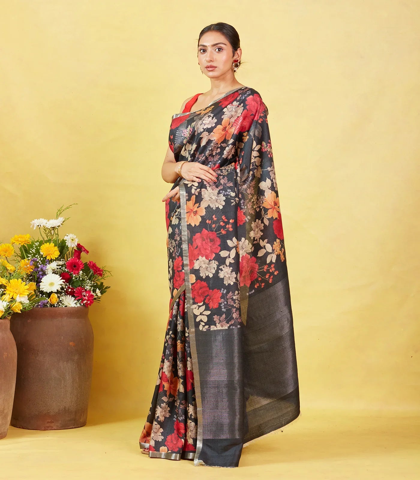 Black Handloom Tussar Silk Saree With Printed Floral Motifs