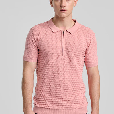 Light Pink Zipper Knitted Polo T-Shirt