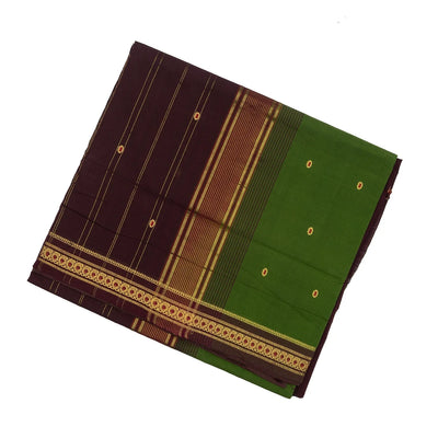 Green Handloom Kadapa cotton saree adorned with red Meenakari buttis