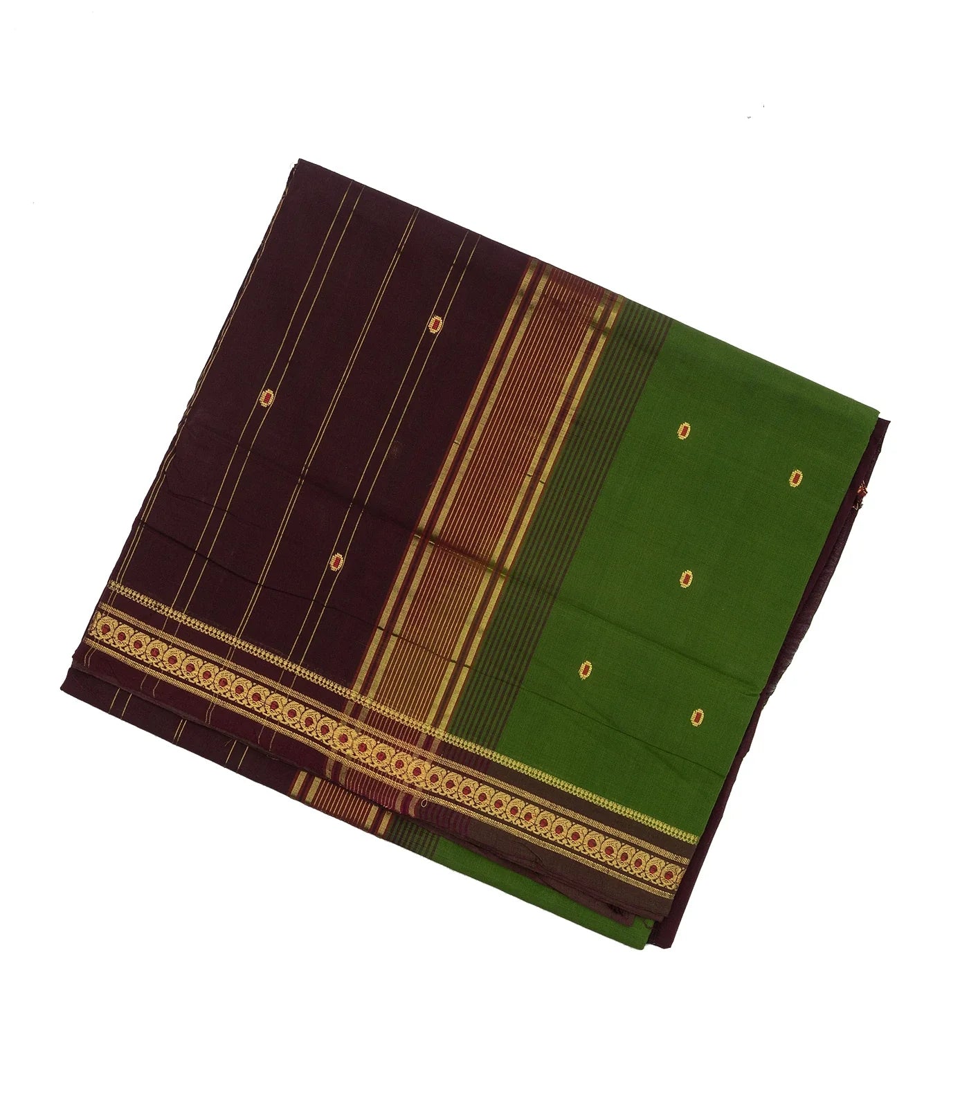 Green Handloom Kadapa cotton saree adorned with red Meenakari buttis