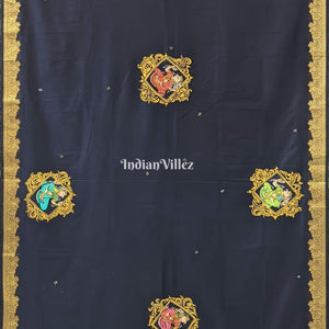 Navy Blue Odisha Pattachitra Art on Kerala Silk Saree