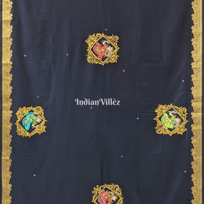 Navy Blue Odisha Pattachitra Art on Kerala Silk Saree