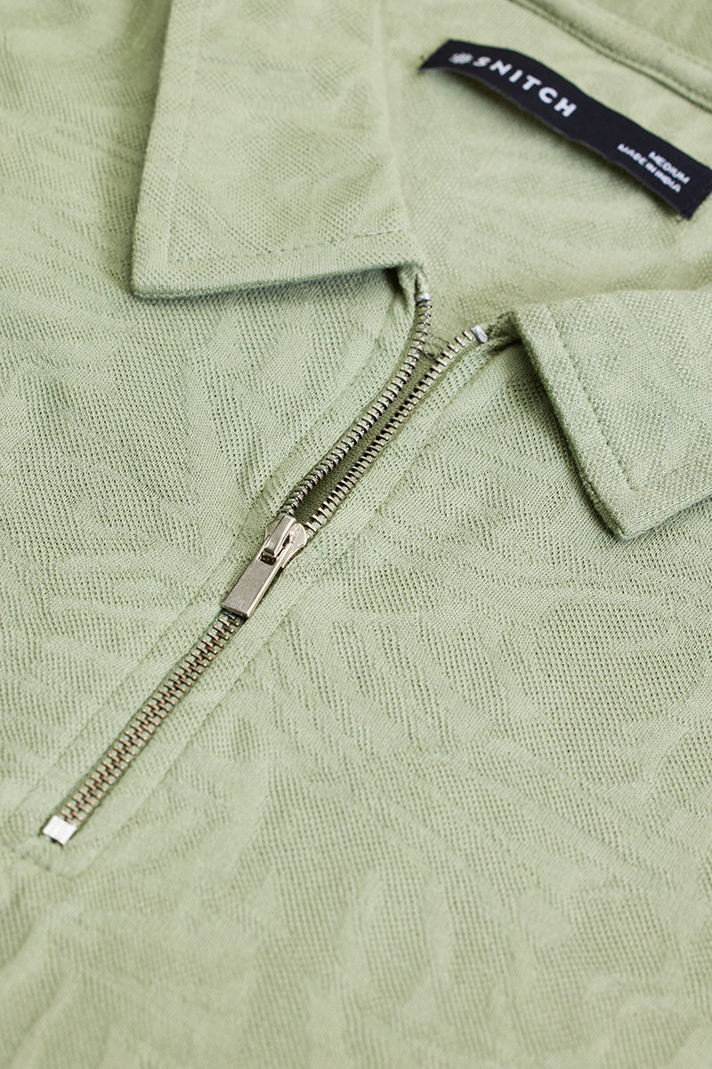 Light Green Self-Design Zipper Polo T-Shirt