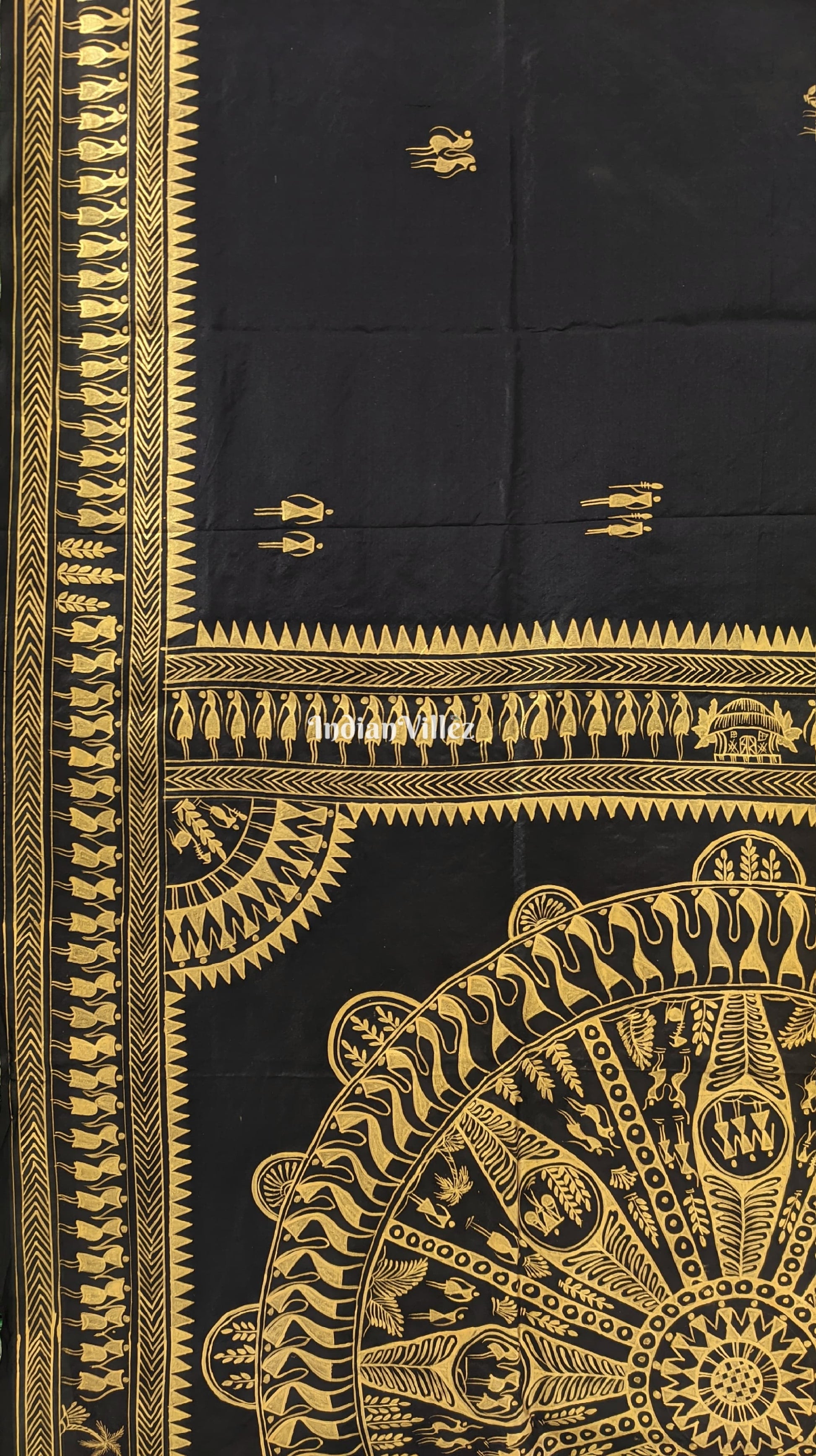 Black Tribal Konark Chakra Hand-Painted Pattachitra Saree