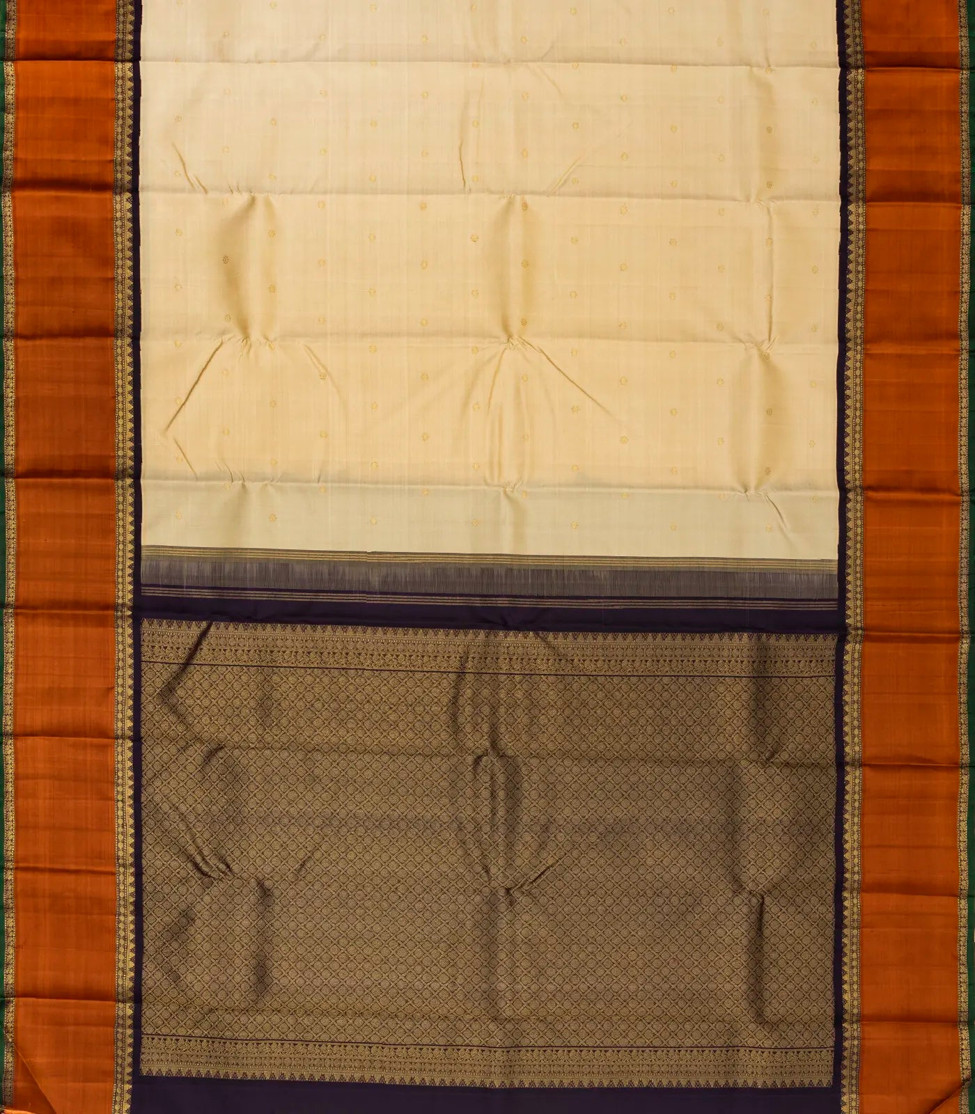 Cream Handloom Kanchipuram Korvai Silk Saree With Kamalam Buttas