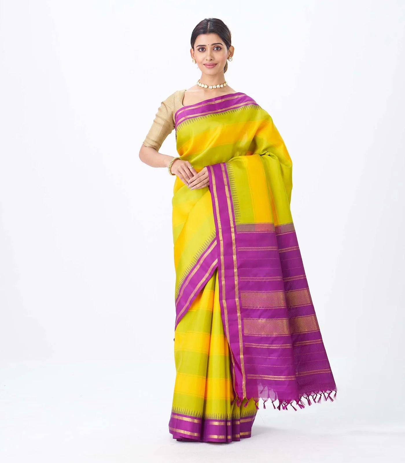 Green & Yellow Handloom Kanchipuram Korvai Silk Saree With Purple Border
