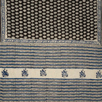 Black Woven Jaipur Cotton Saree With Taupe Printed Floral Motifs