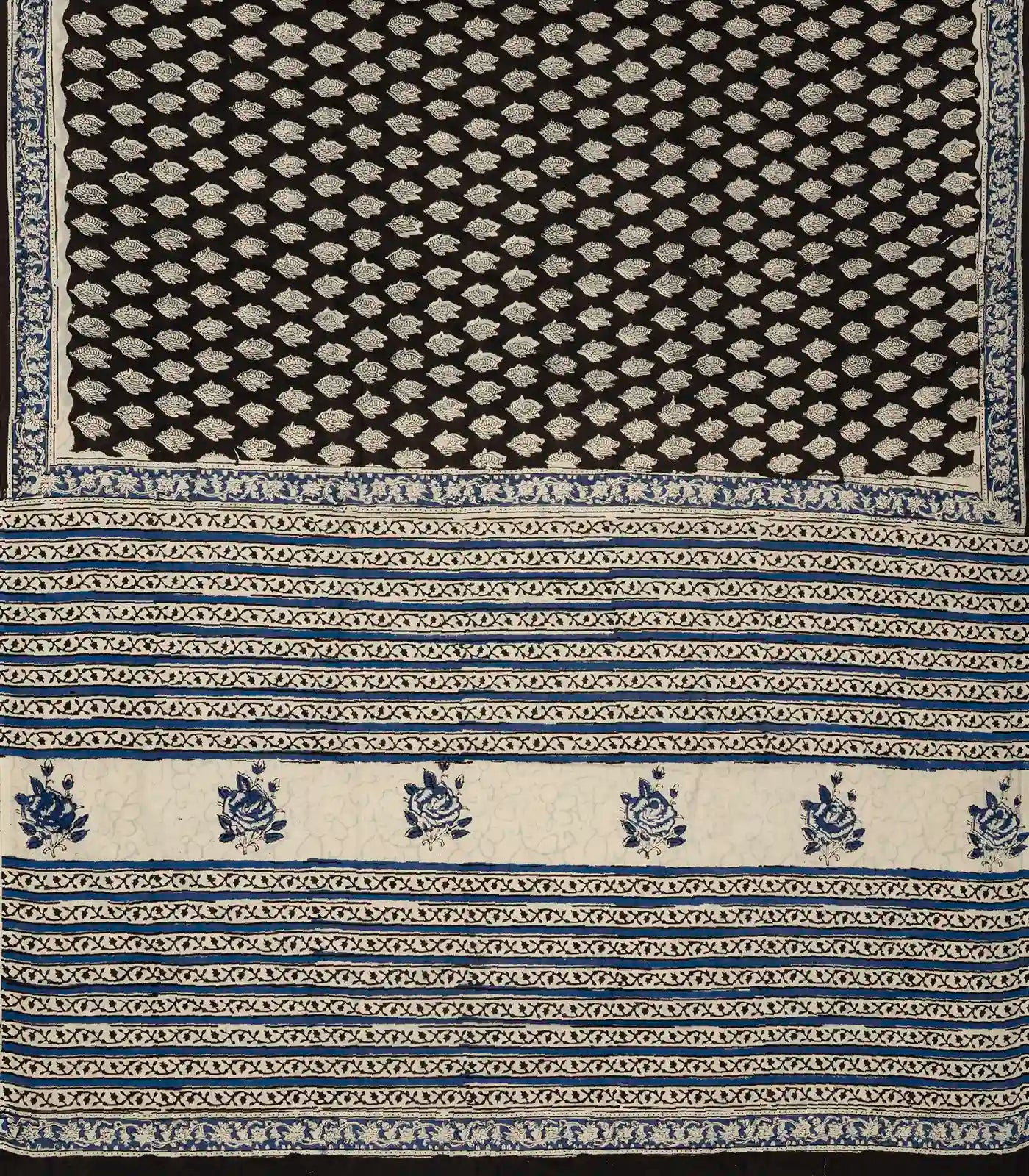 Black Woven Jaipur Cotton Saree With Taupe Printed Floral Motifs