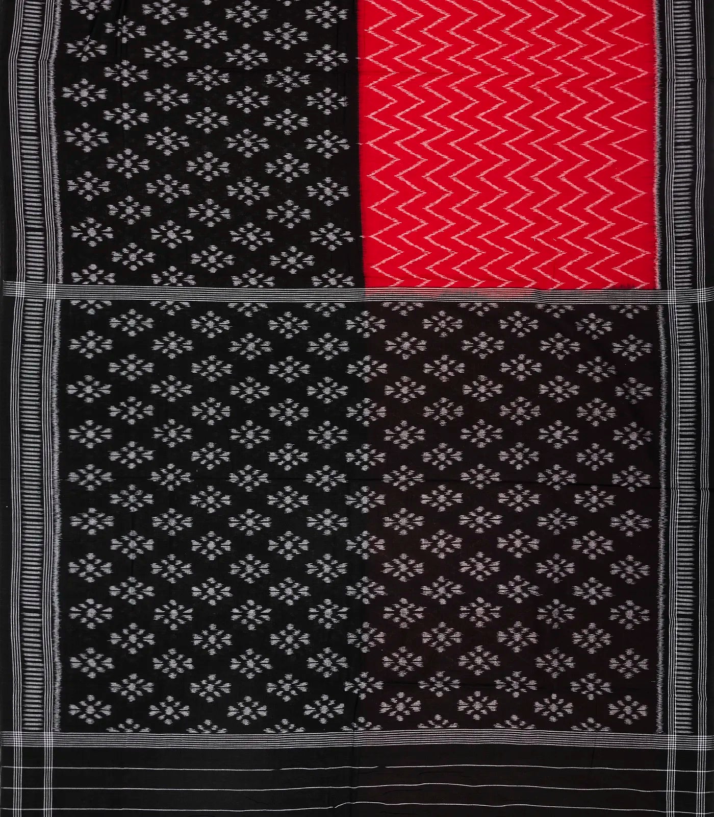 Red & Black Handwoven Orissa Cotton Saree With Tie & Dye Motifs