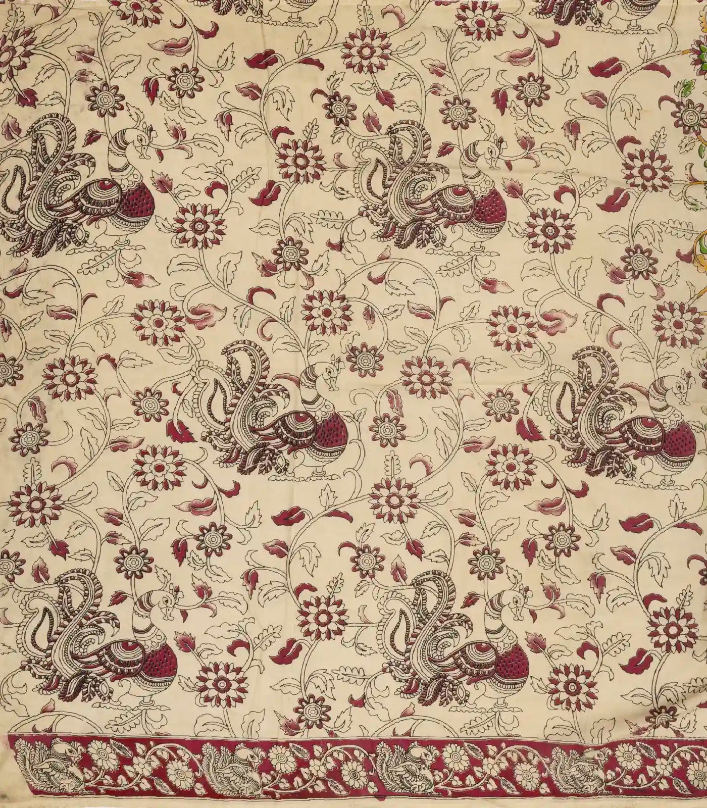 Cream Handloom Kalamkari Cotton Saree With Printed Annam Motifs