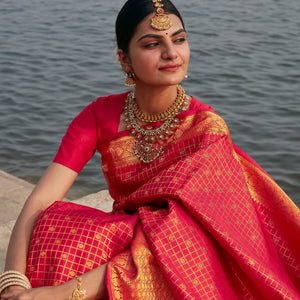 Pink Handloom Kanchipuram Silk Saree With Checks & Kamalam Motifs