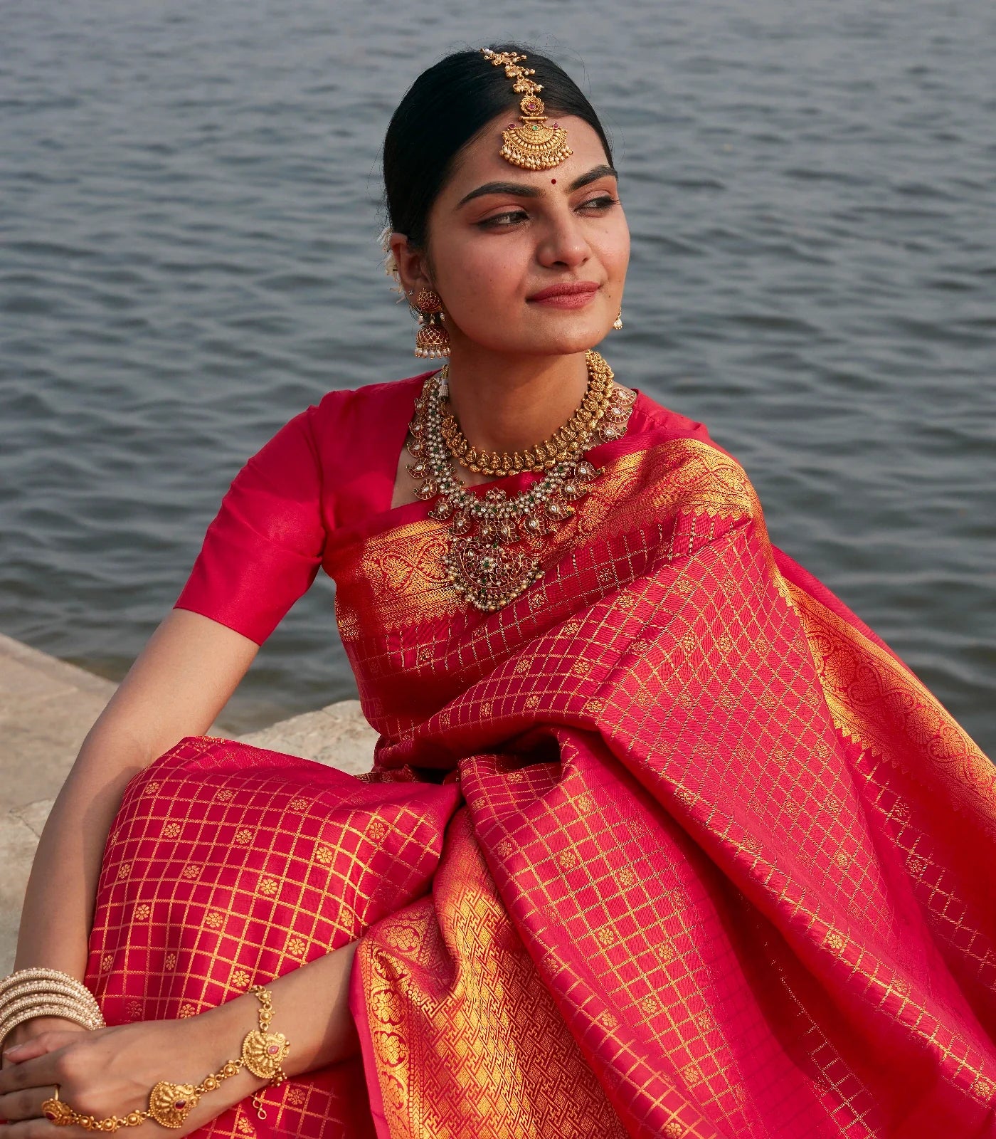 Pink Handloom Kanchipuram Silk Saree With Checks & Kamalam Motifs