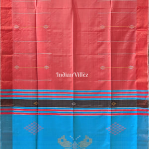 Peach with Sky Blue Handwoven Soft Silk Saree