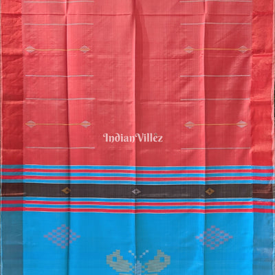 Peach with Sky Blue Handwoven Soft Silk Saree
