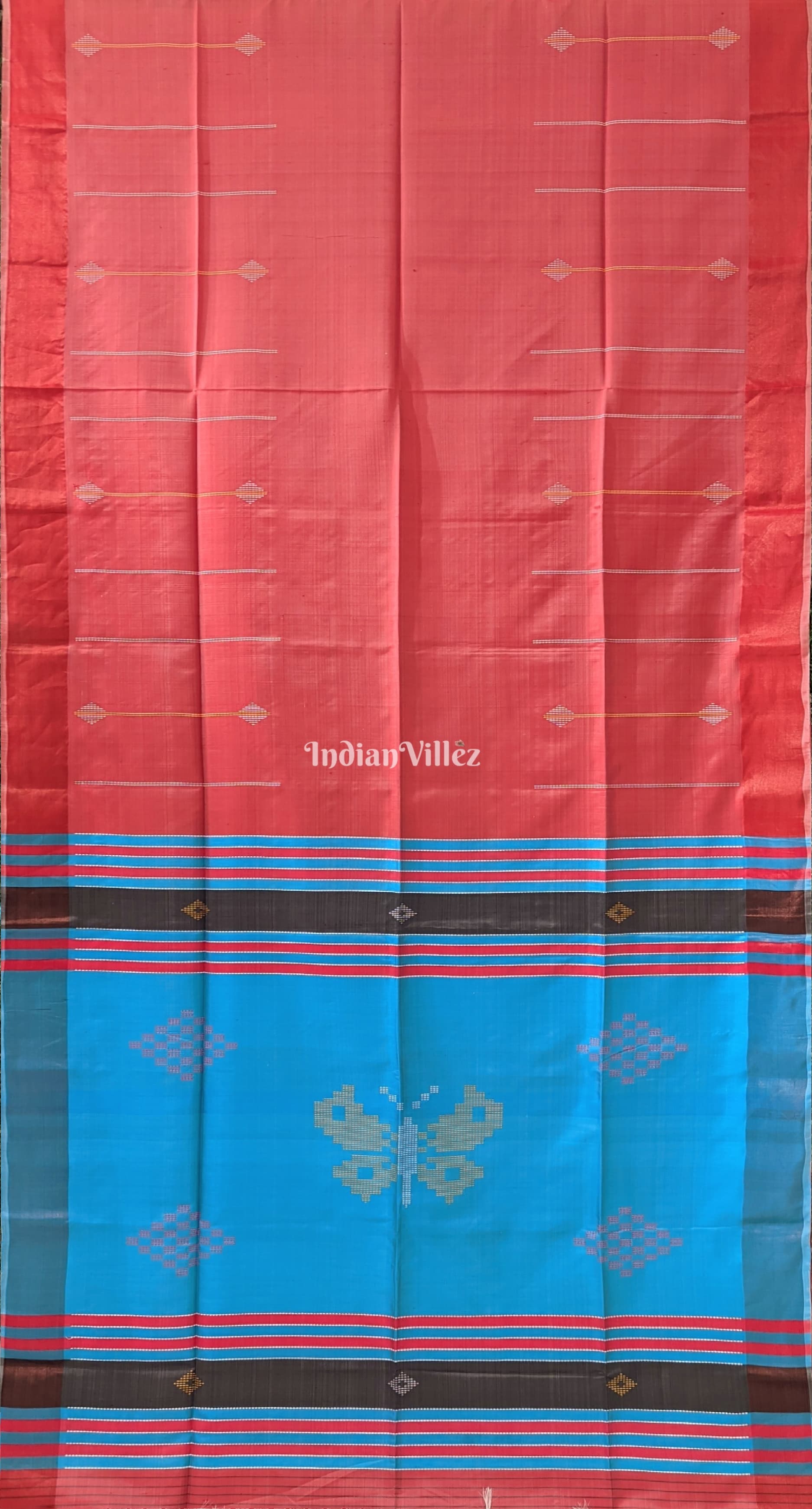 Peach with Sky Blue Handwoven Soft Silk Saree