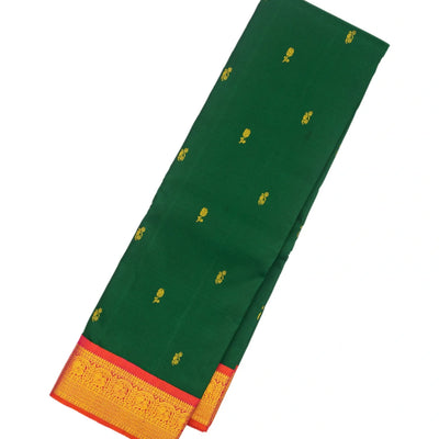 Dark Green Handloom Kanchipuram Korvai Silk Saree With Peach Border
