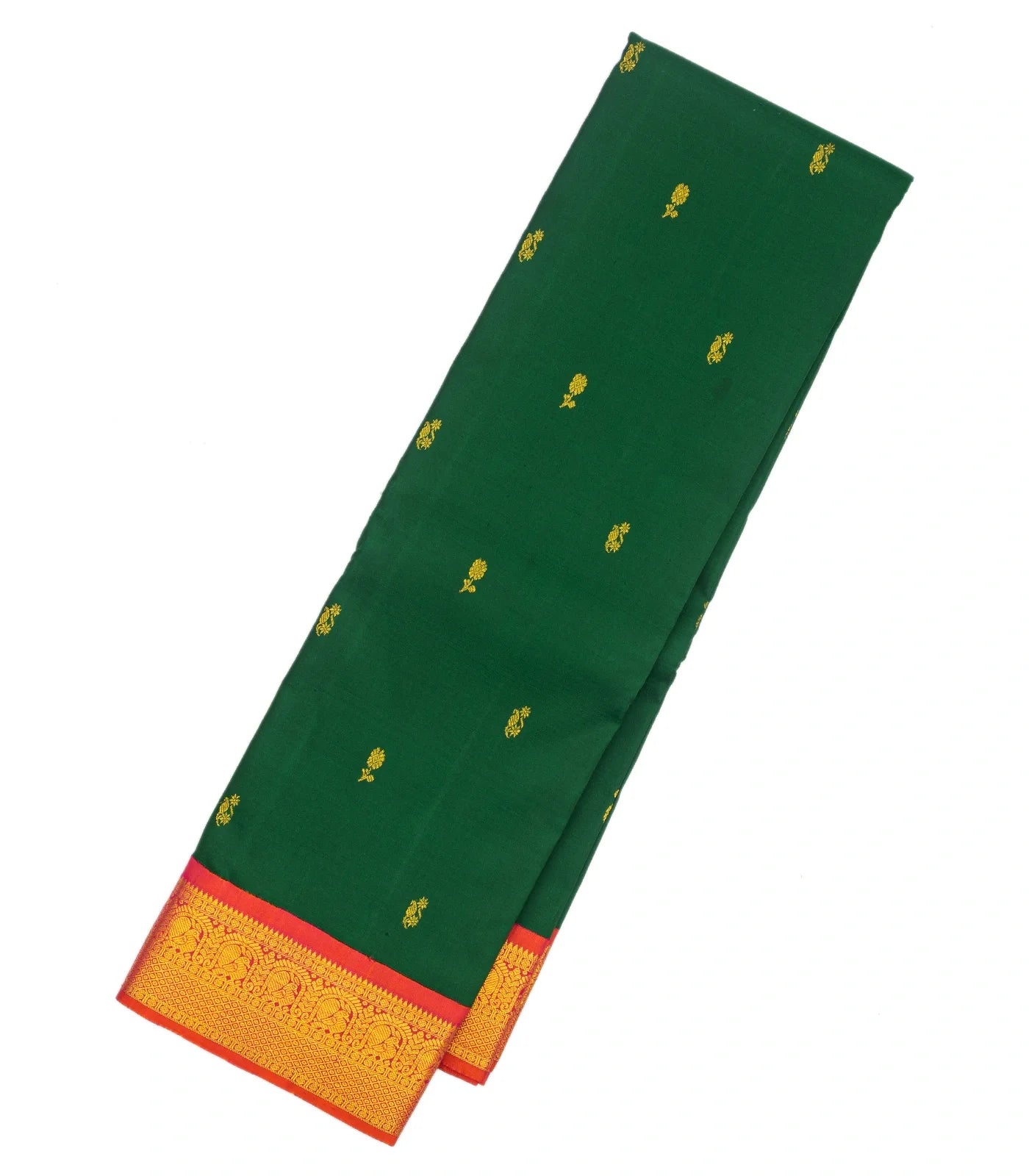 Dark Green Handloom Kanchipuram Korvai Silk Saree With Peach Border