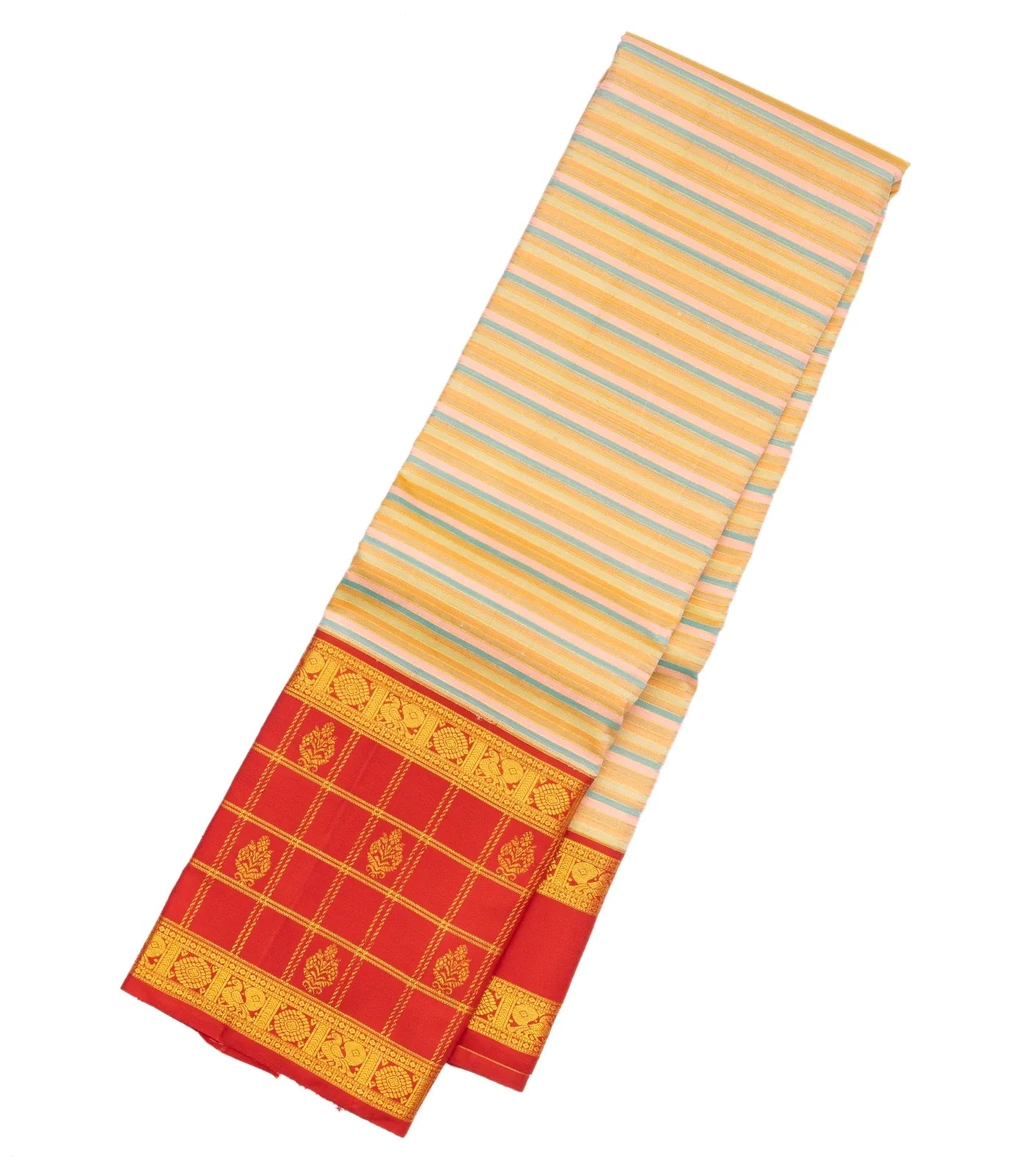 Multi Color Handloom Kanchipuram Korvai Silk Saree With Stripes