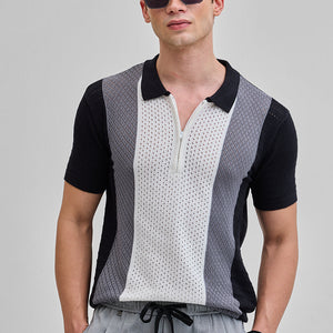 White Colourblocked Zipper Polo T-Shirt