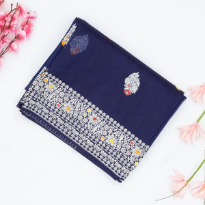 Navy Blue Handloom Banarasi Silk Saree With Meena Floral Buttas