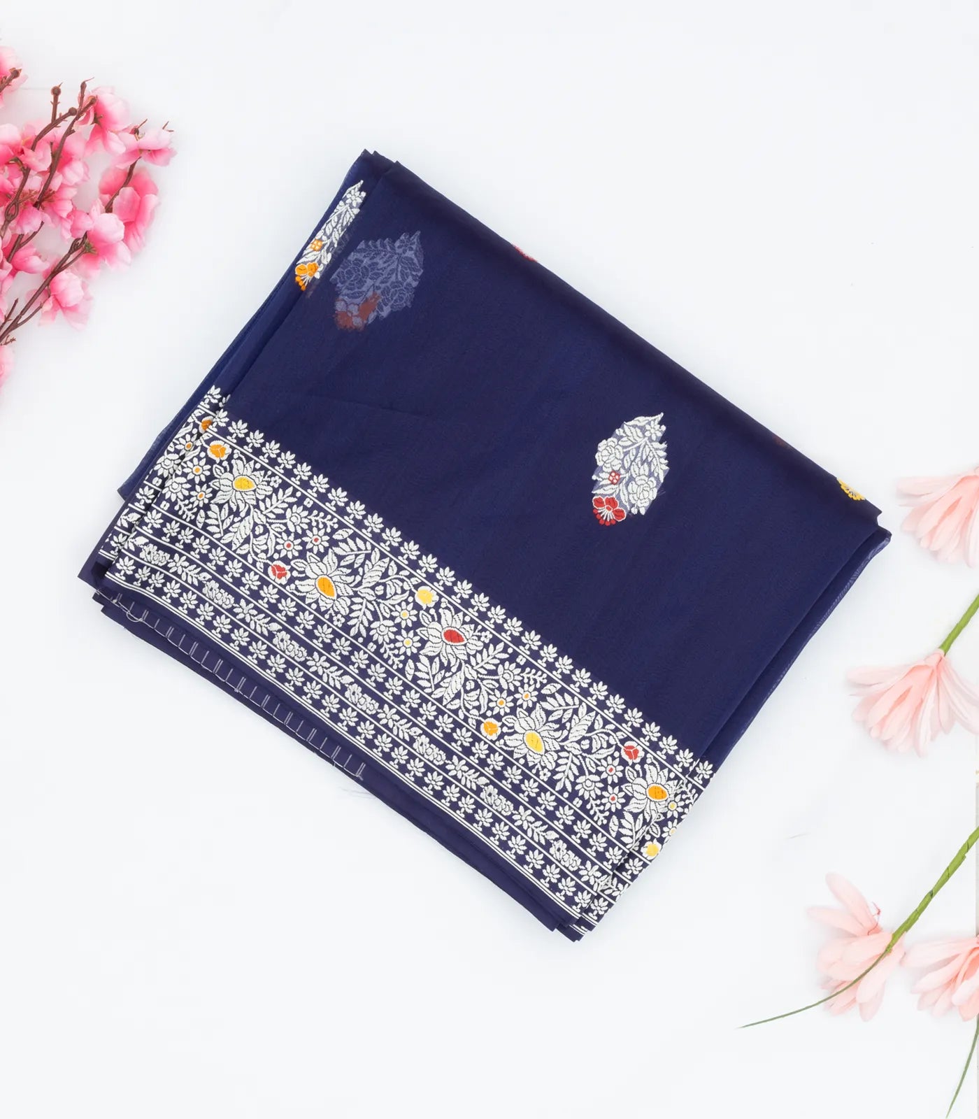 Navy Blue Handloom Banarasi Silk Saree With Meena Floral Buttas
