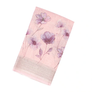 Baby Pink Handloom Linen Saree With Printed Blue Floral Motifs