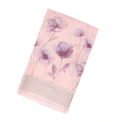 Baby Pink Handloom Linen Saree With Printed Blue Floral Motifs