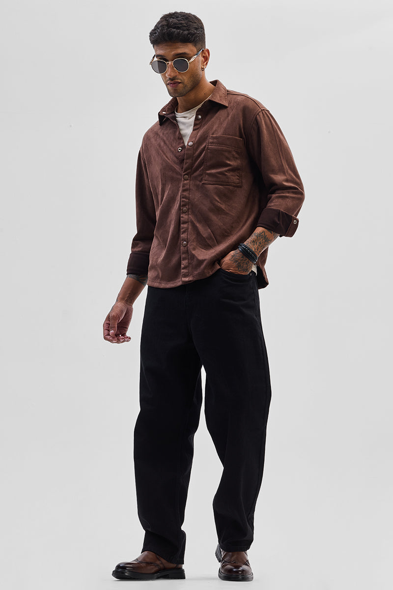 Brown Suede Snap Button Overshirt