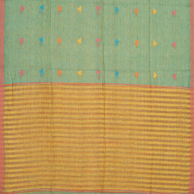 Aquamarine Handloom Linen Saree With Temple Buttas