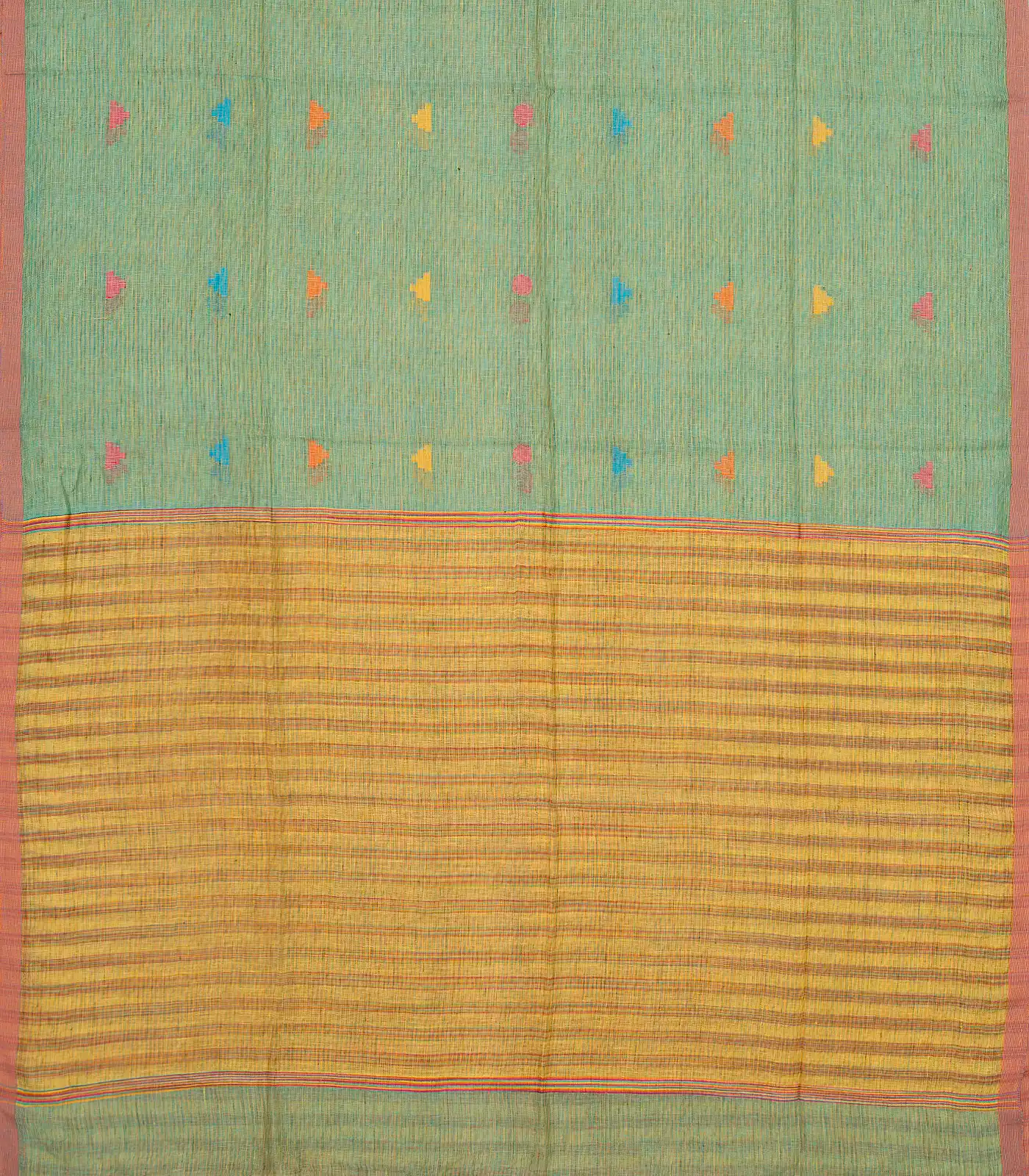 Aquamarine Handloom Linen Saree With Temple Buttas