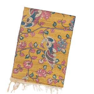 Beige Handloom Tussar Silk Saree With Printed Peacock Motifs