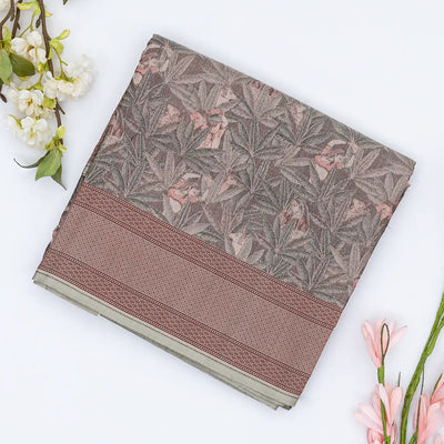 Grey Handloom Banarasi Silk Saree With Floral Motifs