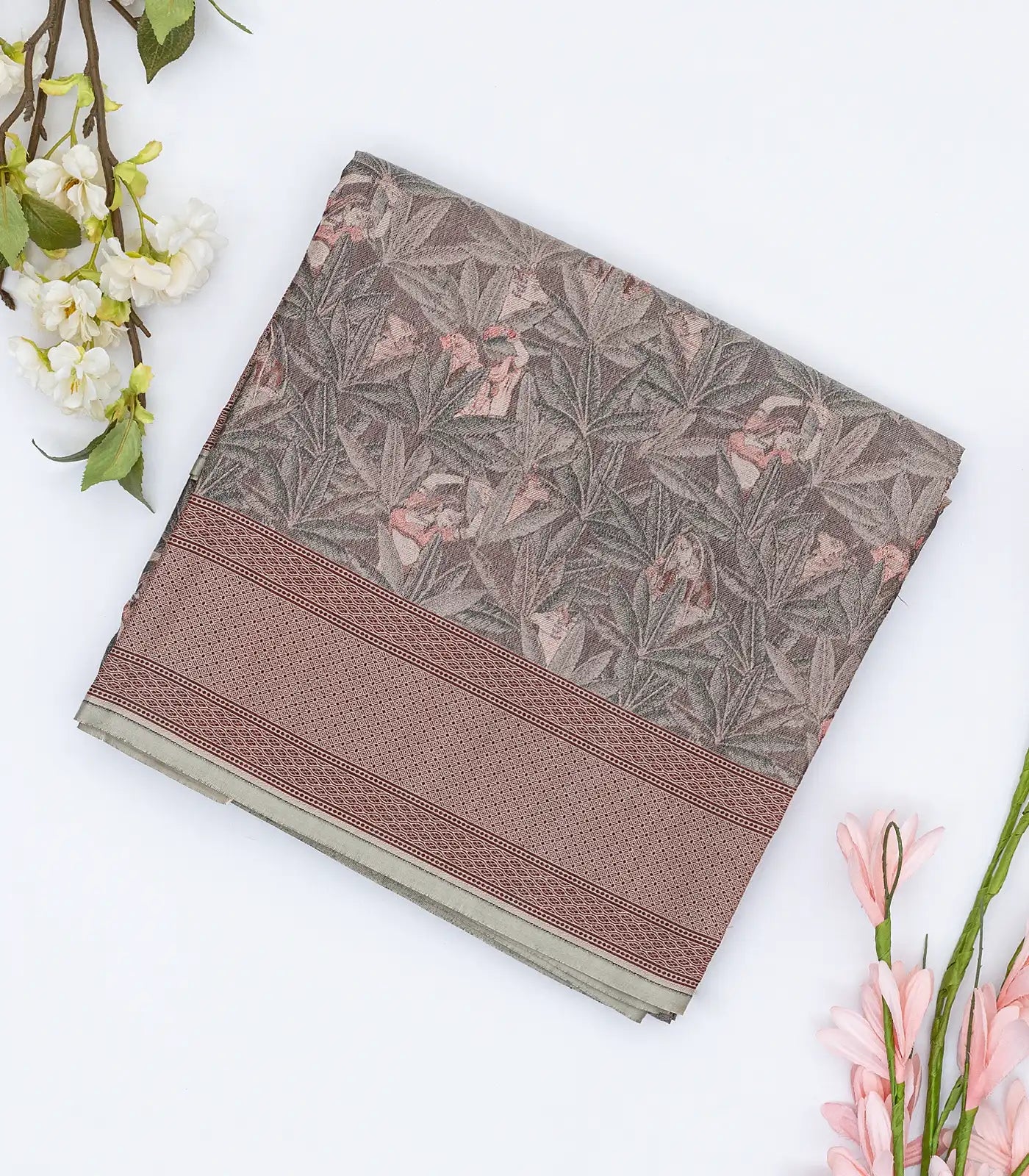 Grey Handloom Banarasi Silk Saree With Floral Motifs