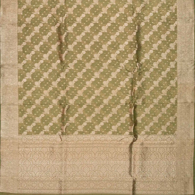 Olive Green Banarasi Tissue Silk Saree With Diagonal Floral Motifs