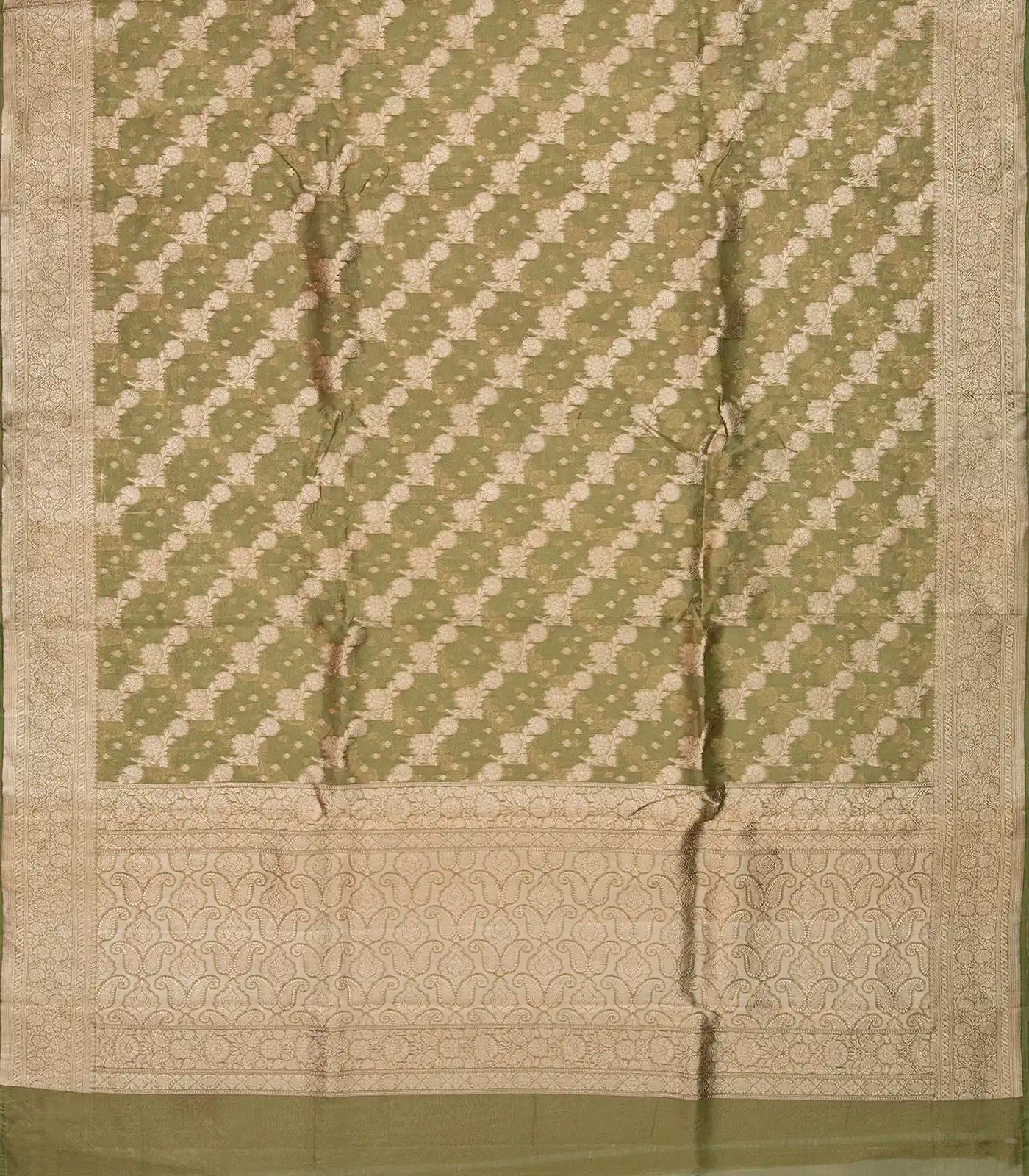 Olive Green Banarasi Tissue Silk Saree With Diagonal Floral Motifs