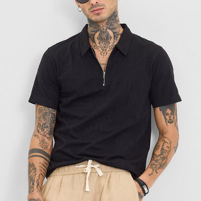 Black Self-Design Zipper Polo T-Shirt