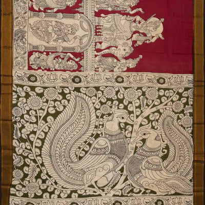 Pink Handloom Kalamkari Cotton Saree With Printed Goddess Motifs