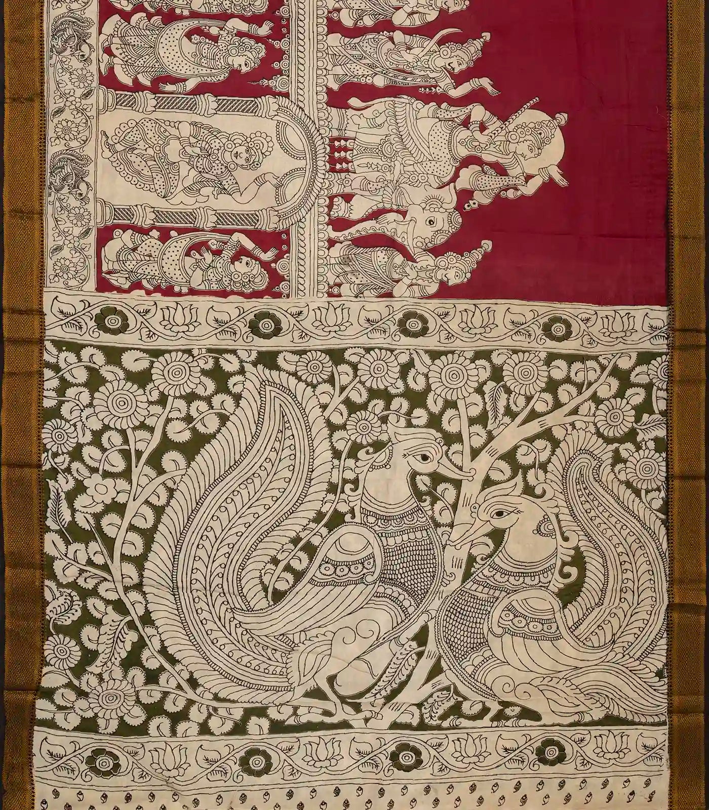 Pink Handloom Kalamkari Cotton Saree With Printed Goddess Motifs