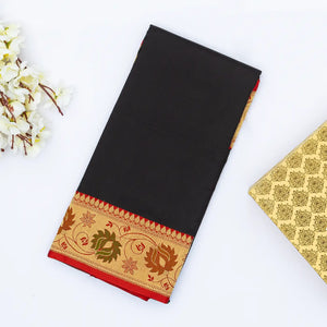 Black Handloom Plain Banarasi Silk Saree With Red Border