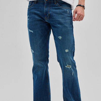 Denim Blue Distressed Bootcut Jeans