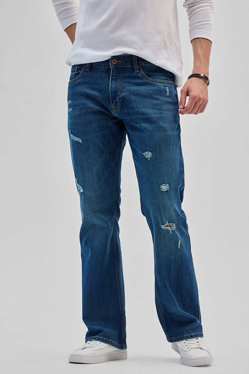 Denim Blue Distressed Bootcut Jeans