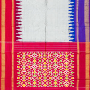 Grey Handloom Ikat Silk Saree With Contrast Pink & Purple Border