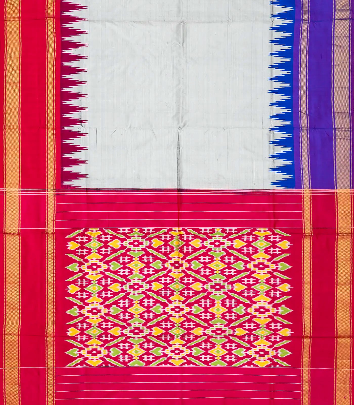 Grey Handloom Ikat Silk Saree With Contrast Pink & Purple Border